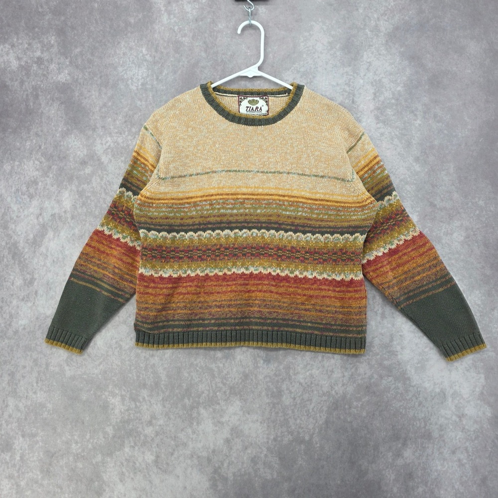 Vintage Tiara International 90s Earth Tone Striped Knit Sweater Ramie Cotton M
